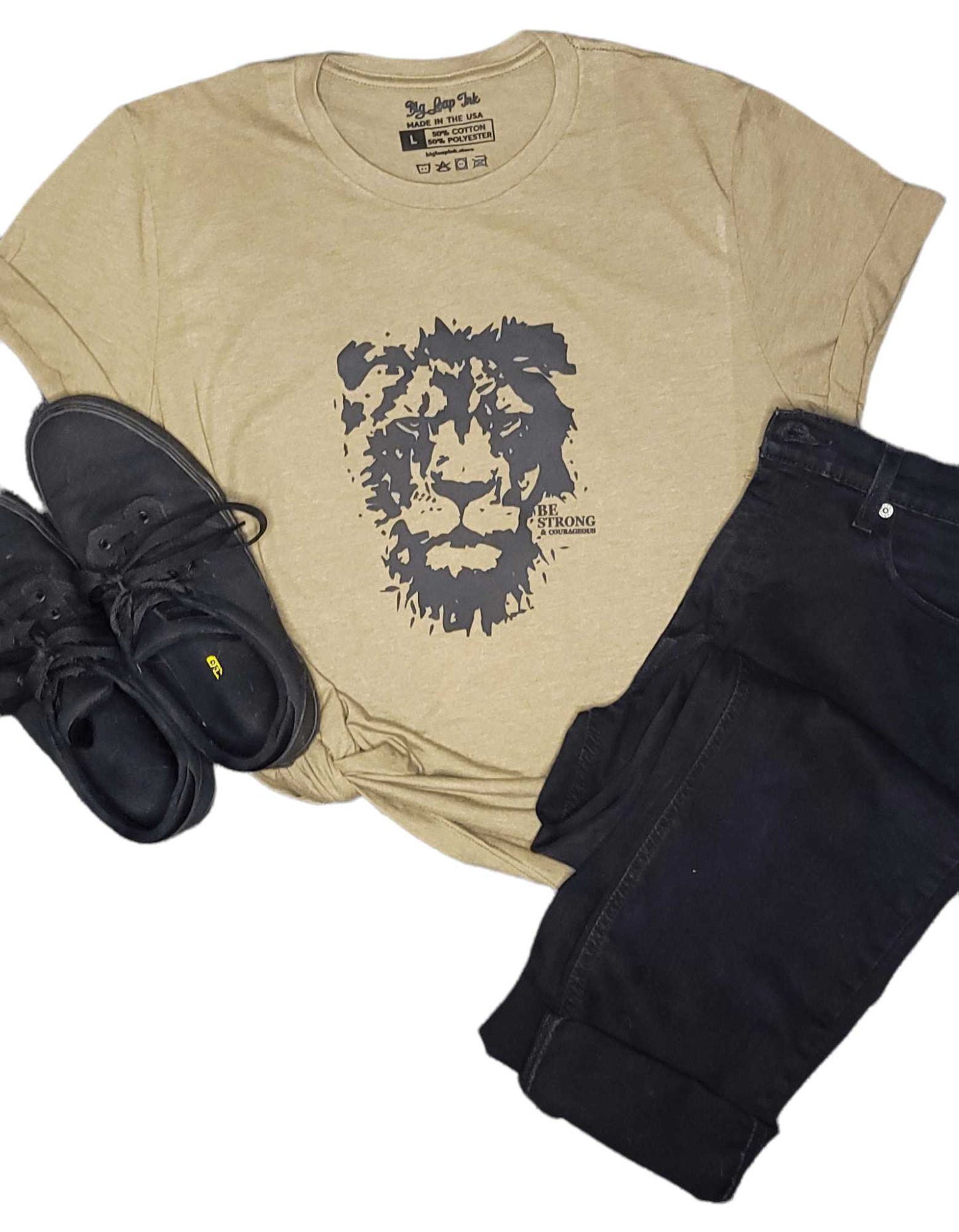 Be Strong & Courageous Lion Heathered Unisex Shirt Big Leap Ink Shirts & Tops  Big Leap Ink 
